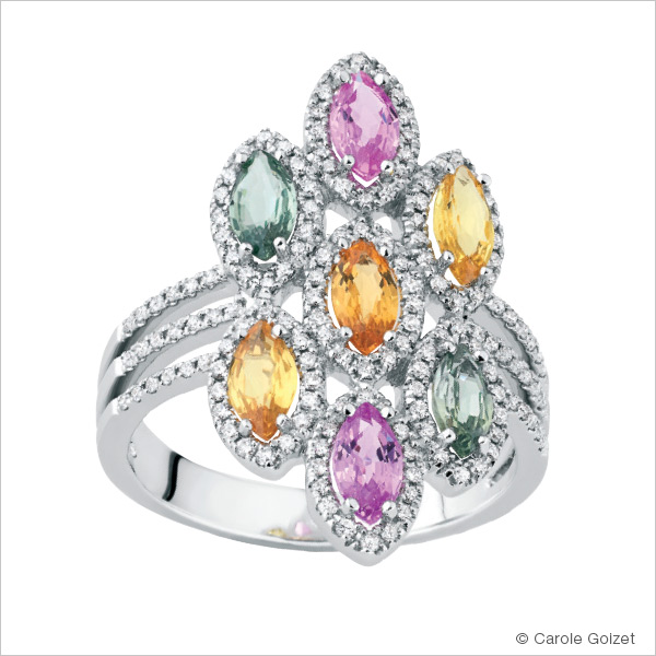 Bague « Aquarelle » Or blanc, saphirs pastels et diamants
