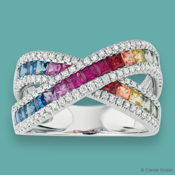 Bague « Arc en Ciel » Or gris, diamants et saphirs multicolores