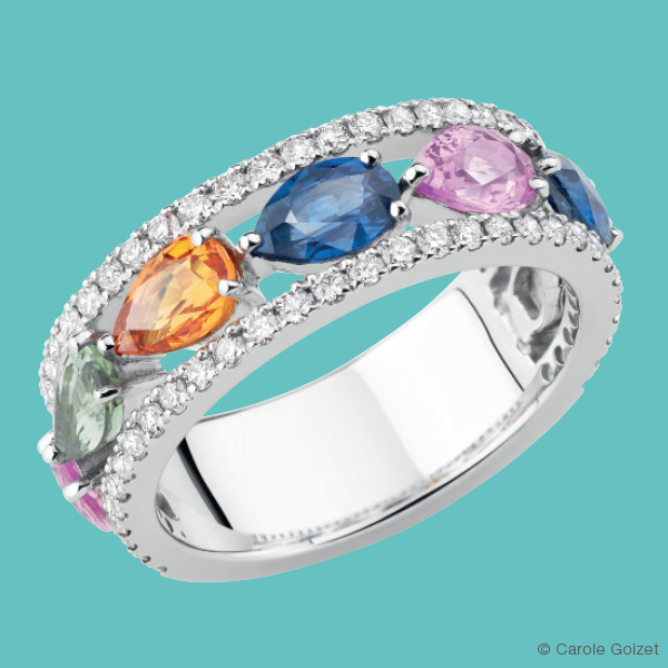 Bague  « Arlequin » Or blanc, diamants et saphirs multicolores