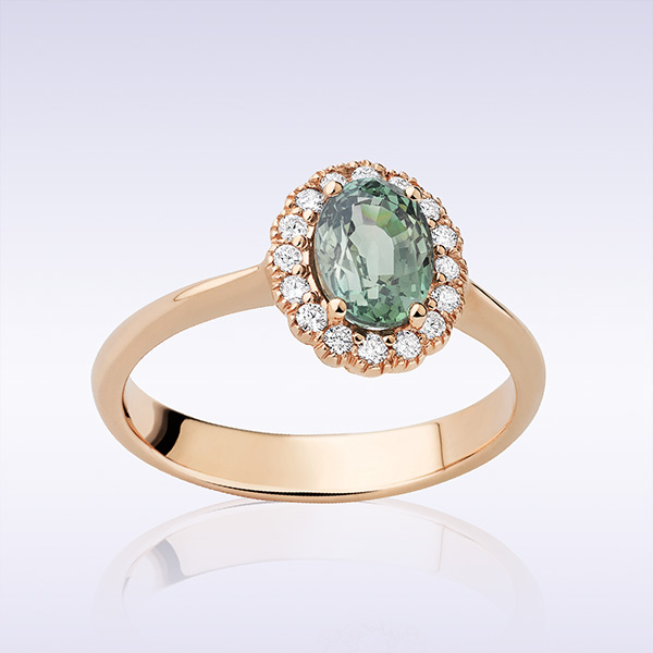 Bague « Dahlia » or rose, saphir vert et diamants