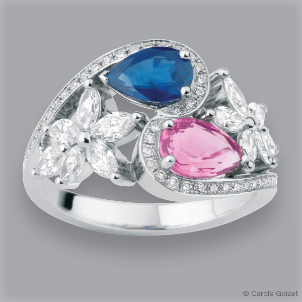 Bague « Edelweiss » Or gris, diamants et saphirs rose et bleu