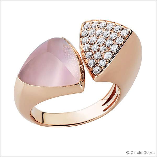 Bague « Entre deux rives » Or rose, quartz rose et diamants