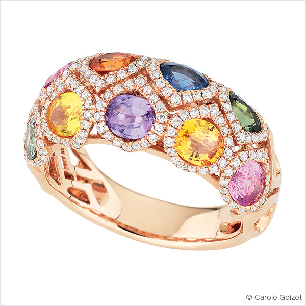 Bague « Fraicheur d’automne » Or rose saphirs multicolores et diamants