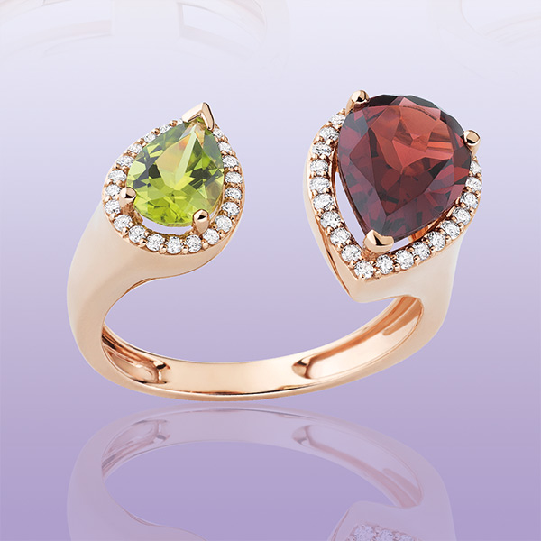 Bague « Freesia » or rose, grenat, péridot et diamants
