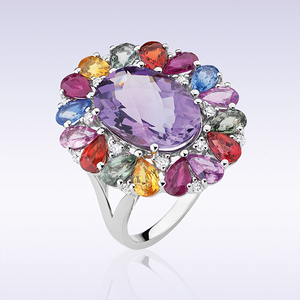 Bague « Hibiscus » or blanc, améthyste et saphirs multicolores