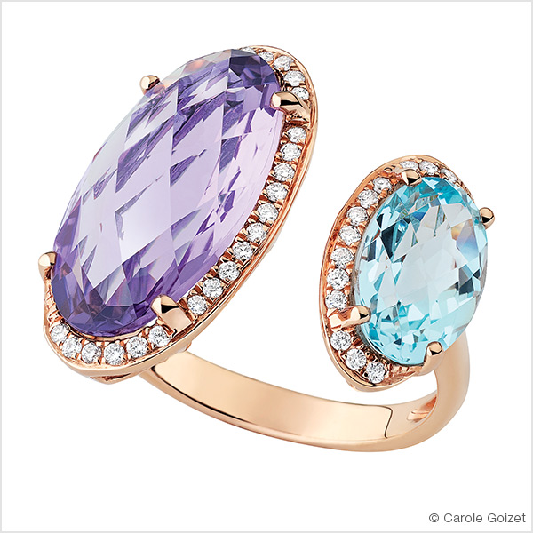 Bague « Ivanah » Or rose, améthyste, aigue marine et diamants