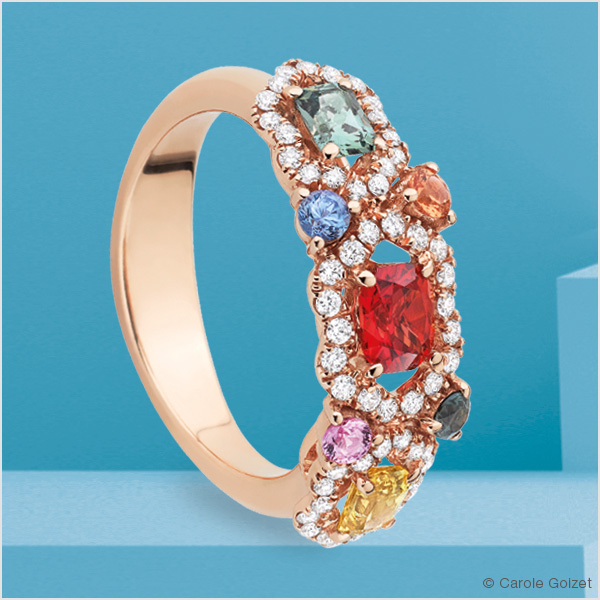 Bague « Majorque » or rose, saphirs multicolores & diamants