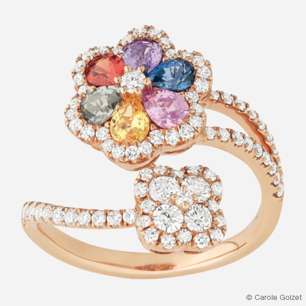 Bague « Printemps Fleuri » Or rose, diamants et saphirs multicolores