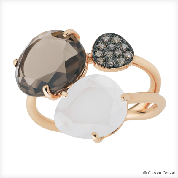 Bague « Trilogie » Or rose, quartz et diamants champagne