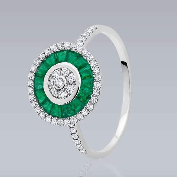 Bague « Verone » or blanc, emeraudes et diamants