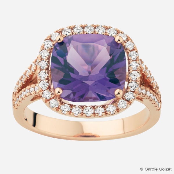 Bague « Violette Sauvage » Or rose, diamants et améthystee