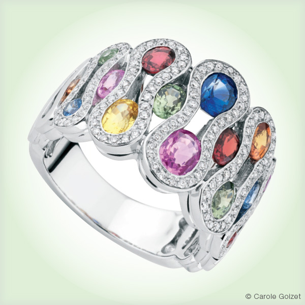 Bague « Wave » Or blanc, saphirs multicolores et diamants