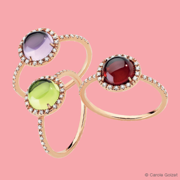 Bagues « Dôme pavé » Or rose, diamants  et pierres fines