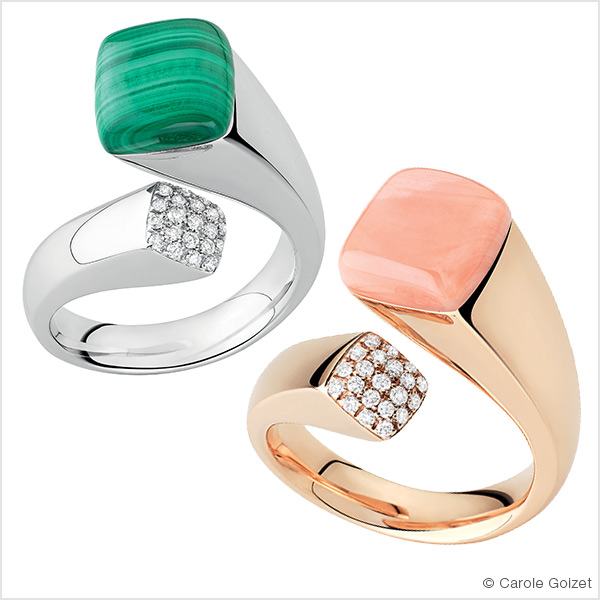 Bagues « Entre-nous » Or blanc, malachite et diamants or rose, corail et diamants 