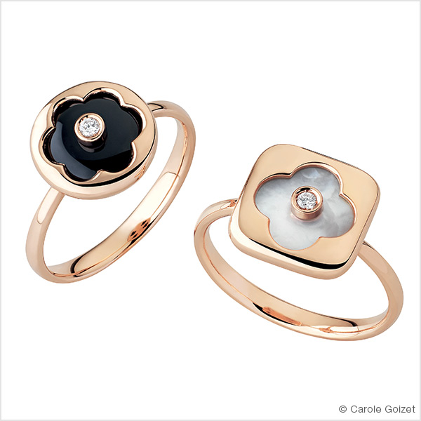 Bagues « Fleur nacrée » or rose nacre ou onyx et diamants
