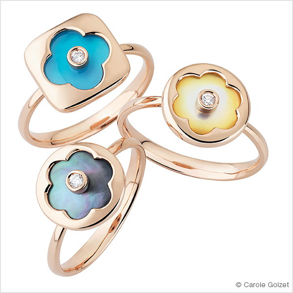 Bagues « Floral » Or rose, nacre de couleur et diamants