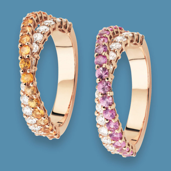Bagues « Olympe » Or rose, diamants, saphirs oranges, roses