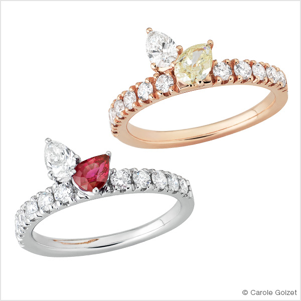 Bagues « Pivoine » Or rose ou blanc, diamant jaune et diamants ou rubis et diamants