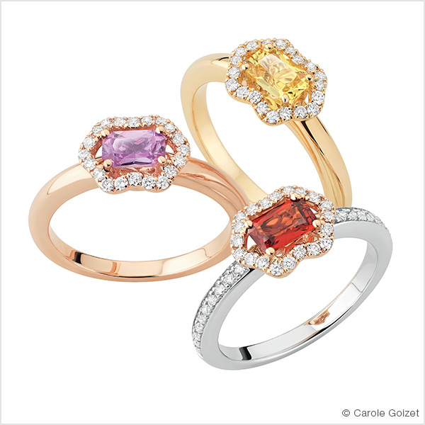 Bagues « Sunset » Or rose, jaune ou blanc, saphir de couleur au choix et diamants