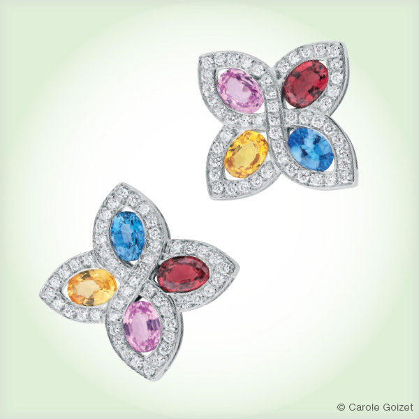 Boucles d’oreilles « Flamme » Or blanc, saphirs multicolores et diamants