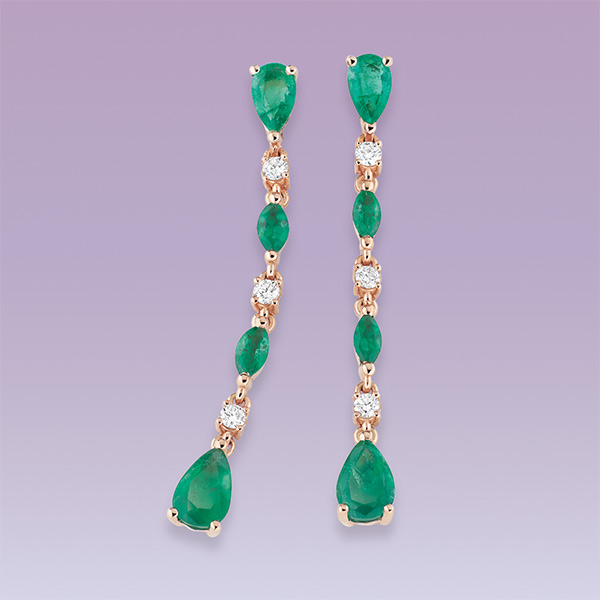 Boucles d’oreilles « Glaïeul » or rose, émeraudes et diamants